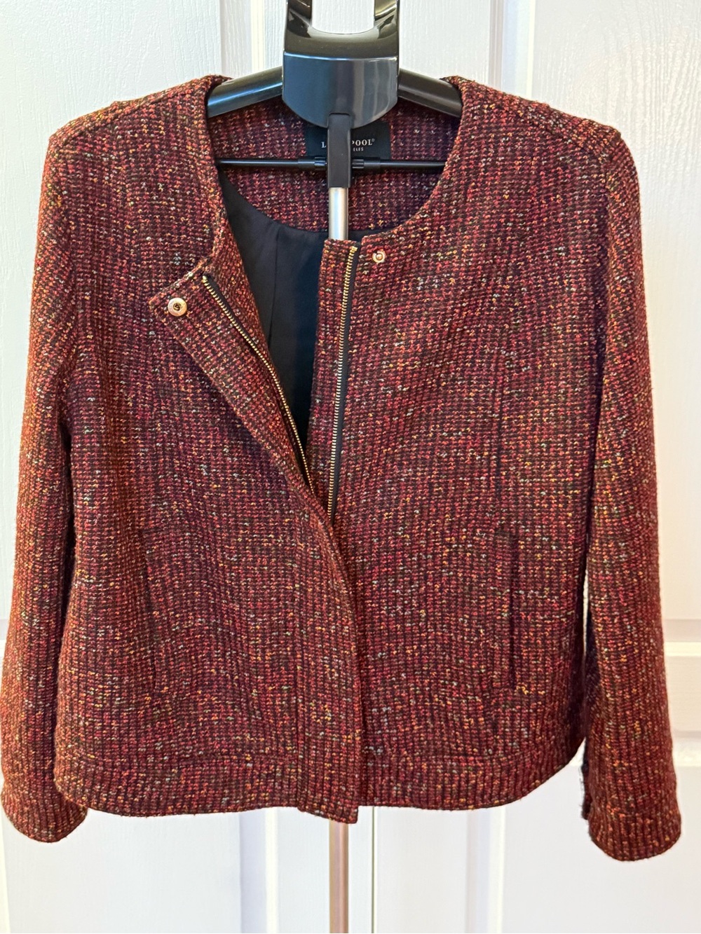 Liverpool Los Angeles Bordeaux Multi Tweed Jacket with Gold Zipper Size L✨